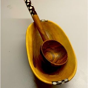 Olive Wood Square Deeper Bowl & Serving Spoon Handmade FairTrade Africa Kenya.